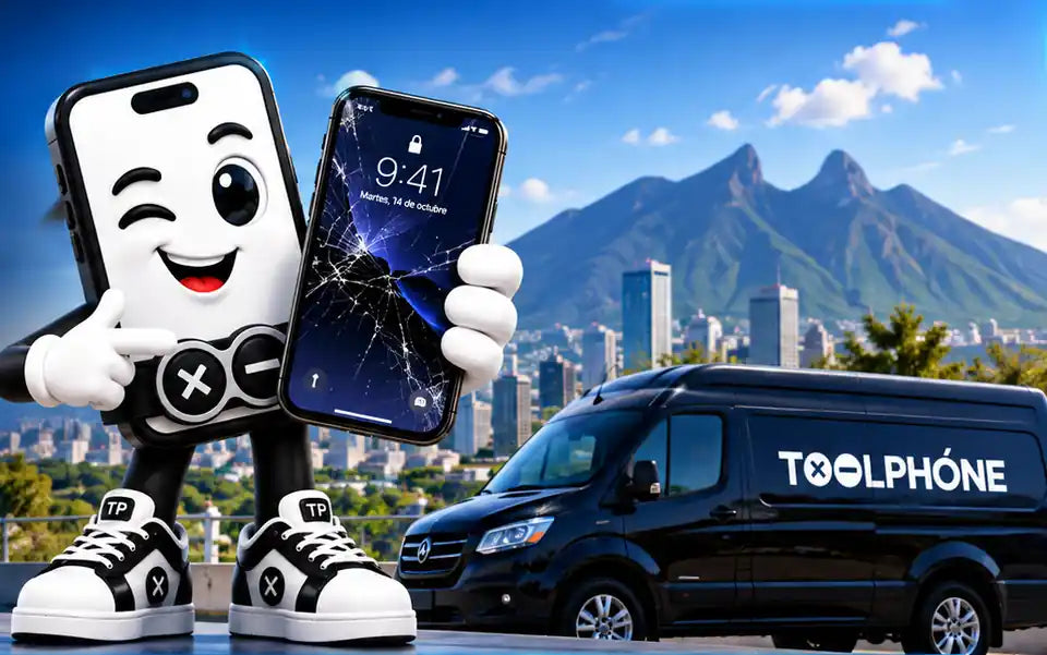 Mascota Toolphone con un iPhone estrellado frente al Cerro de la Silla y la camioneta de servicio a domicilio