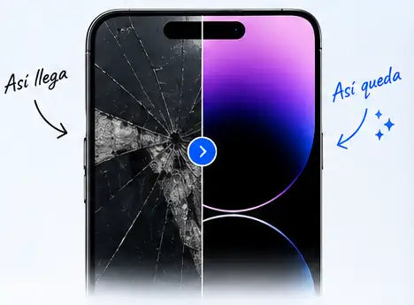 Pantalla de iPhone estrellada antes de la reparación y como queda después