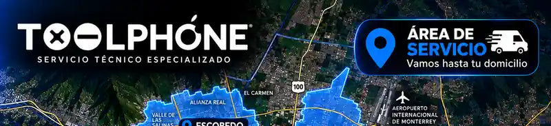Mapa del área de servicio de Toolphone: Monterrey, San Pedro, San Nicolás, Guadalupe, Apodaca, Escobedo, Santa Catarina, Juárez y Lincoln