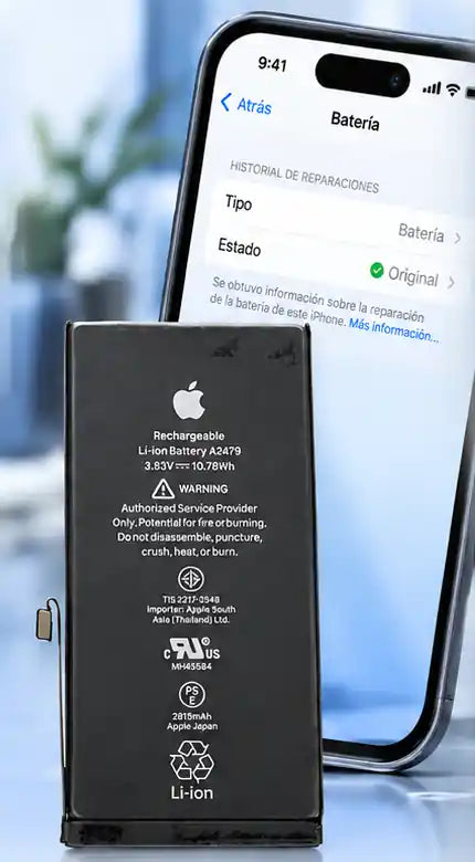 Batería para iPhone junto a un iPhone mostrando el historial de reparaciones
